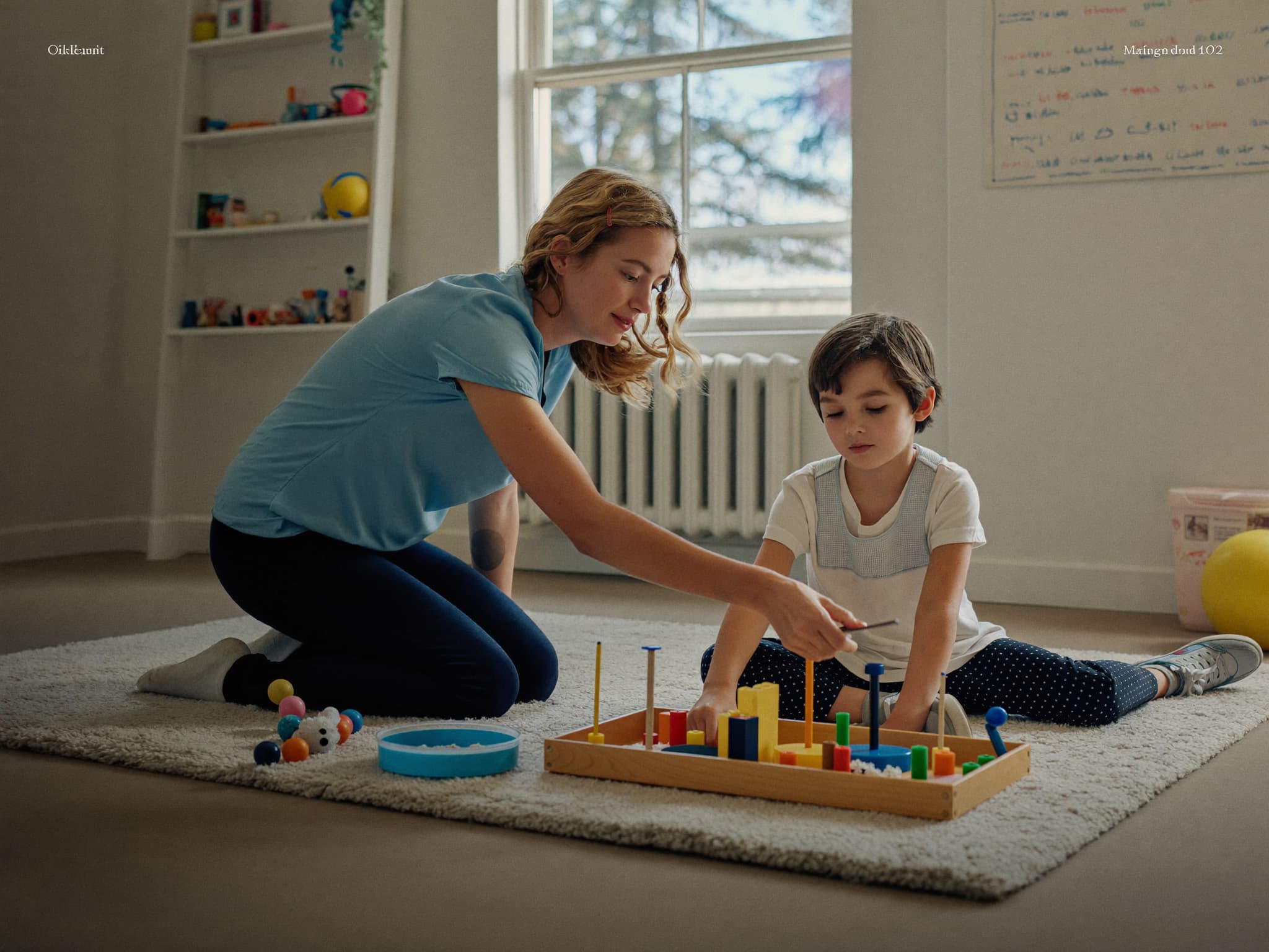 A child and provider working together with blocks during an ABA session