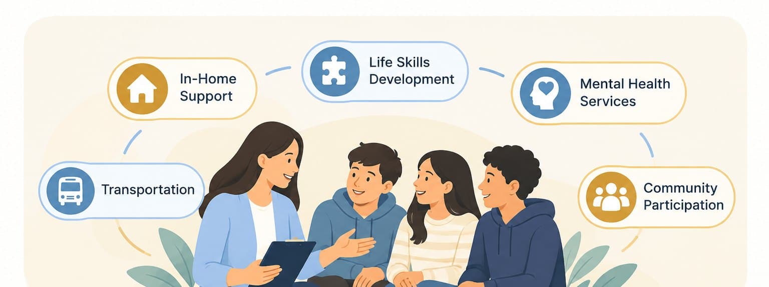 Illustration: in-home support, life skills development, mental health services, transportation and community participation around a family