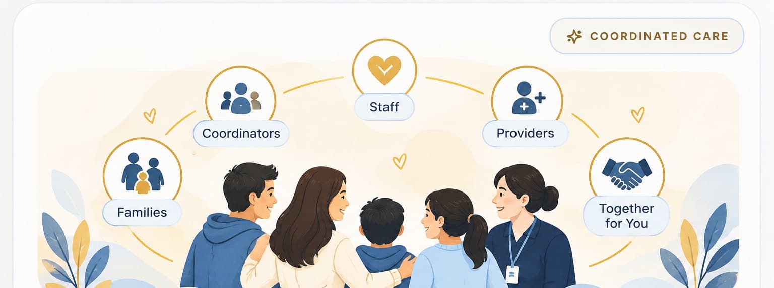 Illustration: families, coordinators, staff and providers connected around the adult