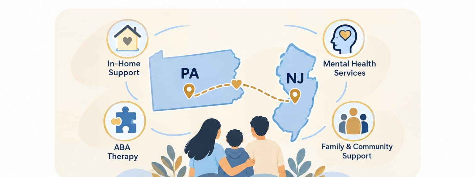 Illustration: New Jersey and Pennsylvania linked by in-home support, mental health services, ABA therapy and family support