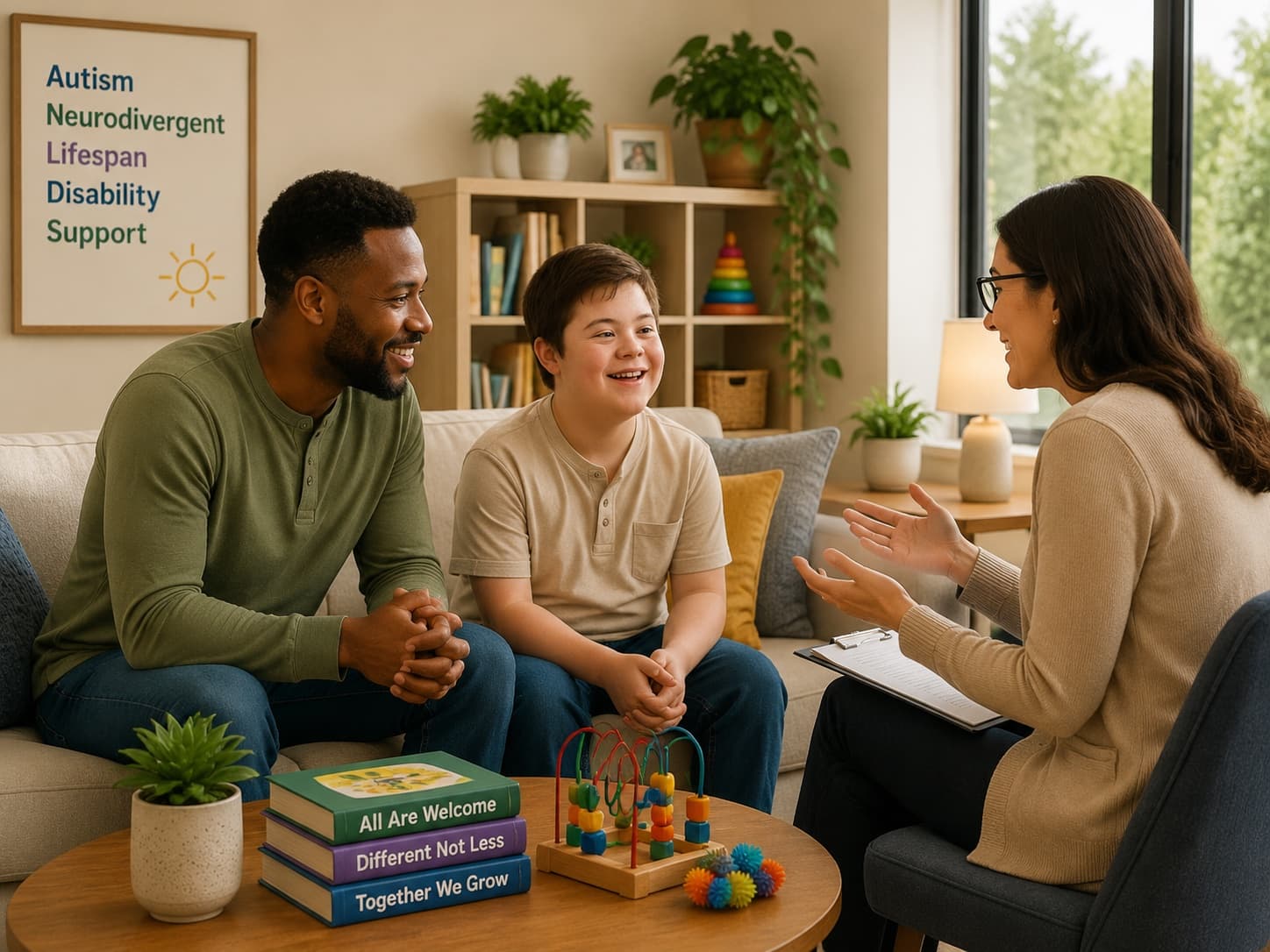 A young person, a parent and a support worker talking together in a bright, comfortable room with books and activity toys nearby.