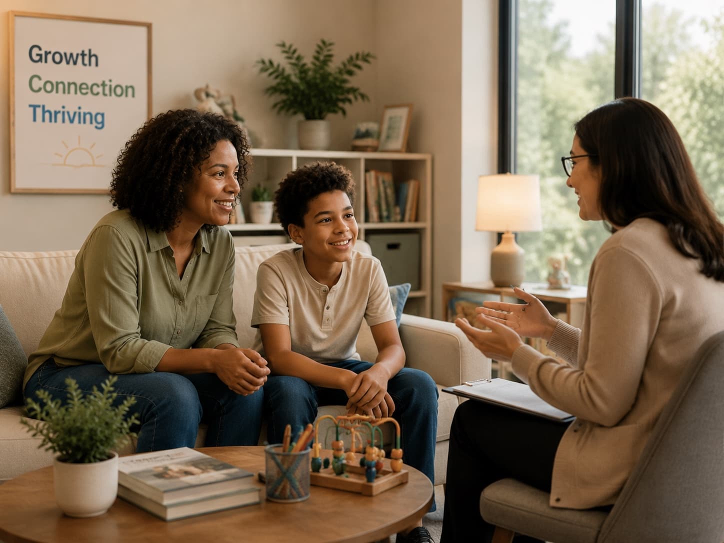 A teenager and a parent seated together, talking with a counsellor in a bright room with books and games nearby.