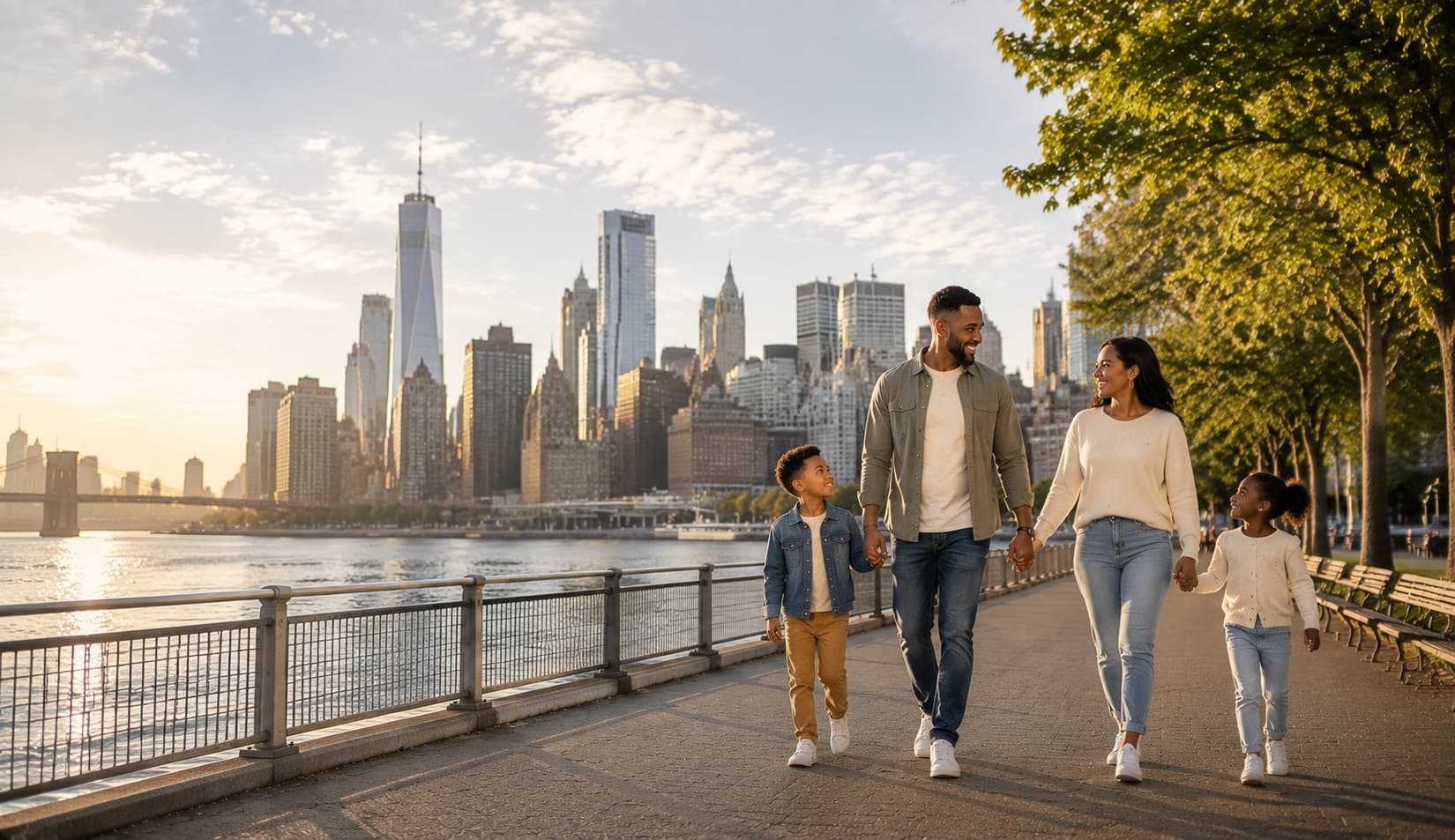 A family walking together along a waterfront path in evening light.