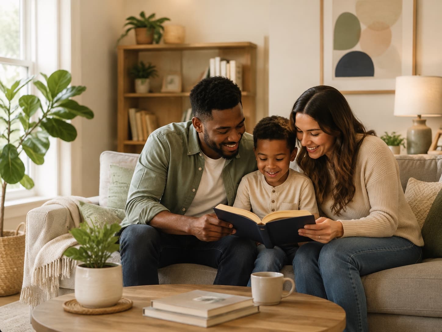 Two parents and a young child reading a book together on a sofa at home in soft daylight.