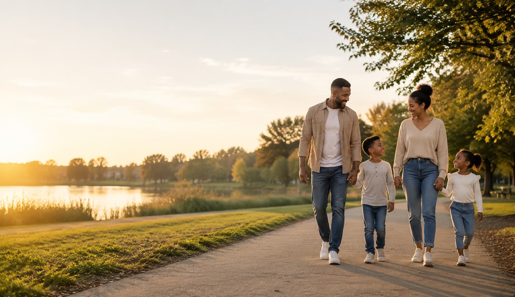 A family of four walking together along a lakeside path in late afternoon light.