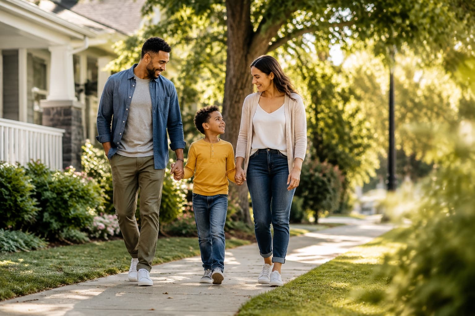 A parent, a child and a second parent walking together along a tree-lined pavement in afternoon light.