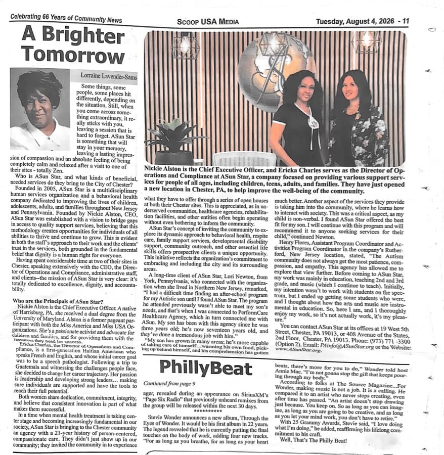 Front page of the Scoop USA Media article “A Brighter Tomorrow”, featuring Nickie Alston and Ericka Charles